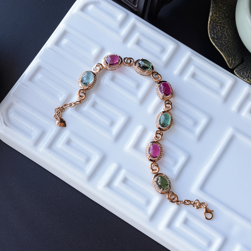 18K金镶钻天然巴西彩色碧玺手链 - 红掌柜