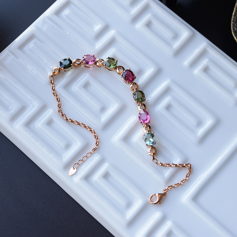 18K金镶钻天然巴西彩色碧玺手链 - 红掌柜