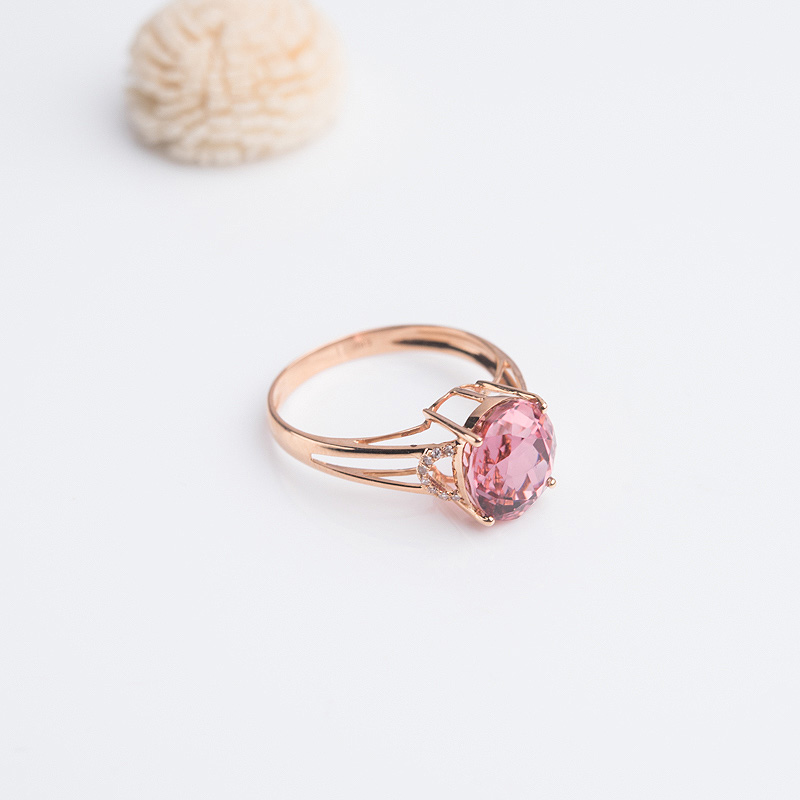 巴西18K金镶钻粉色碧玺戒指-红掌柜