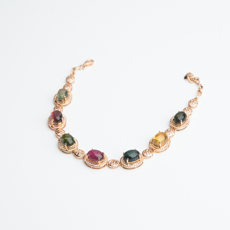 巴西18K金镶钻多色碧玺手链-红掌柜