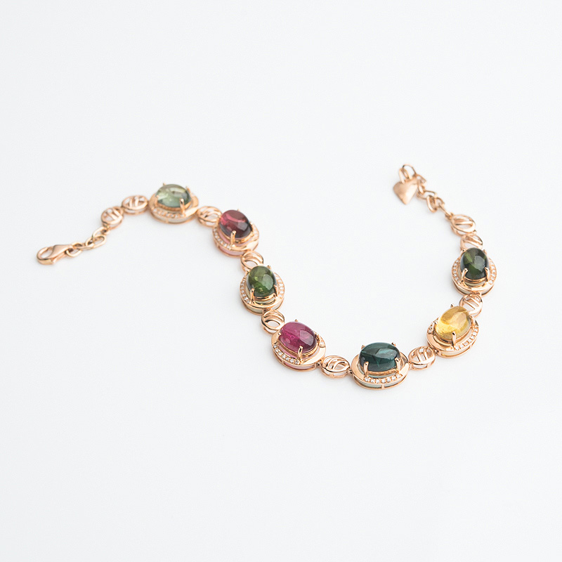 天然18K金镶钻多色碧玺手链-红掌柜