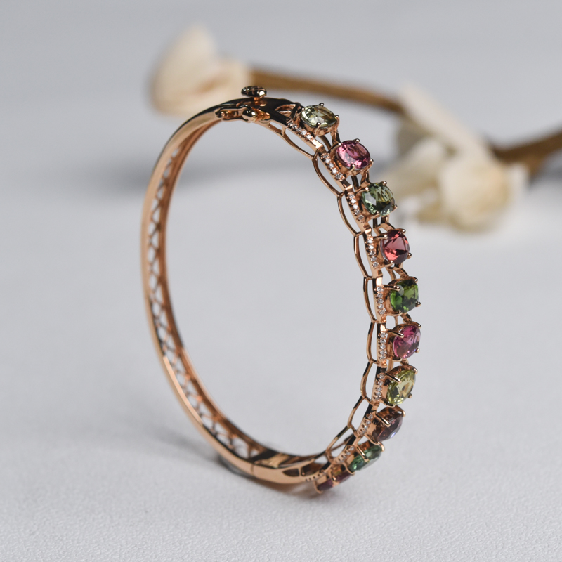 55.5mm18K金镶钻碧玺手镯-红掌柜