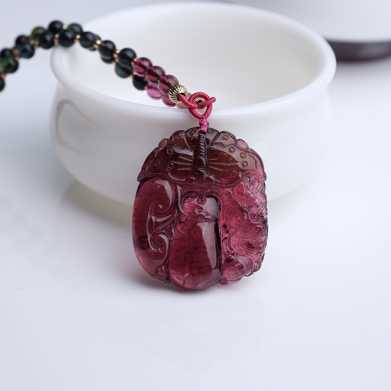 巴西天然玫红碧玺如意项链-红掌柜