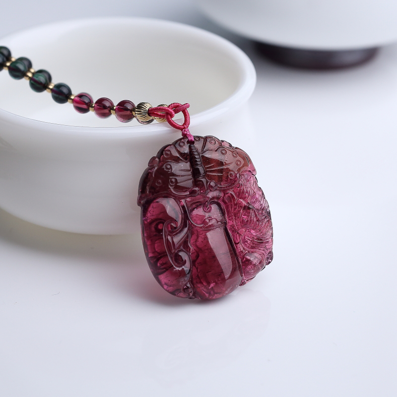 天然玫红碧玺如意项链-红掌柜