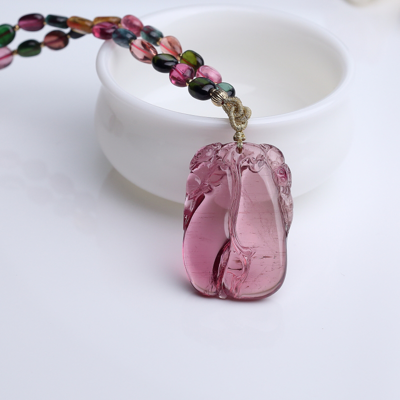 巴西天然玫红碧玺福瓜项链-红掌柜