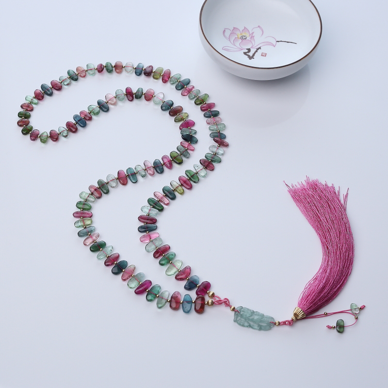 阿富汗天然多色碧玺随形项链-红掌柜