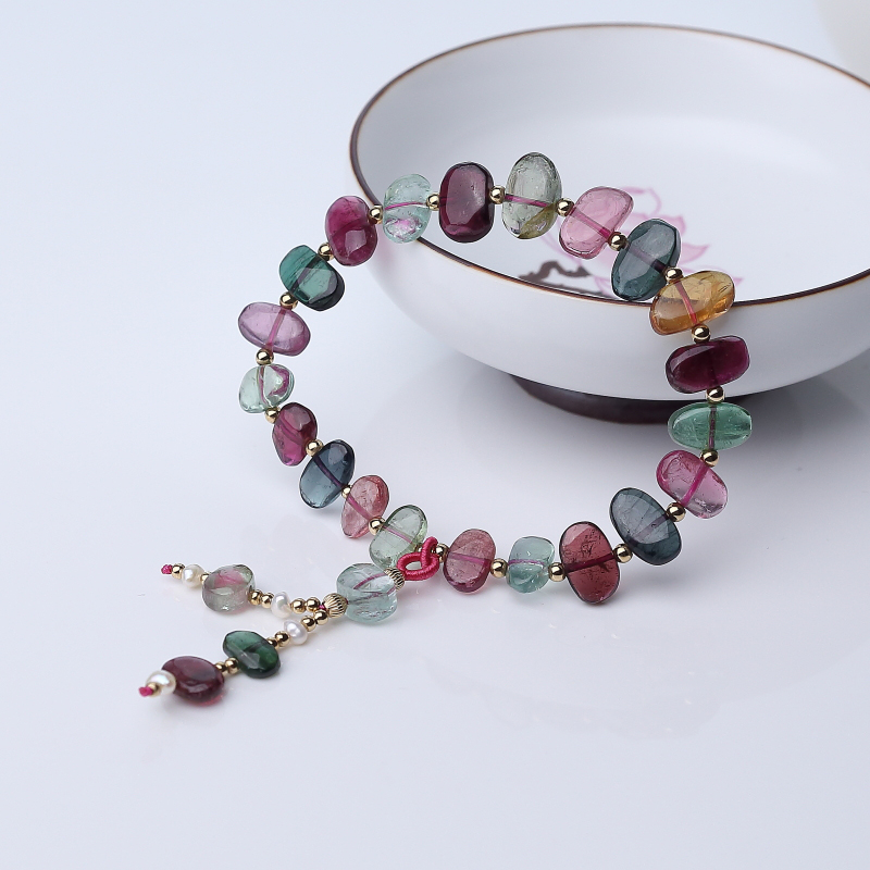 天然多色碧玺随形手链-红掌柜