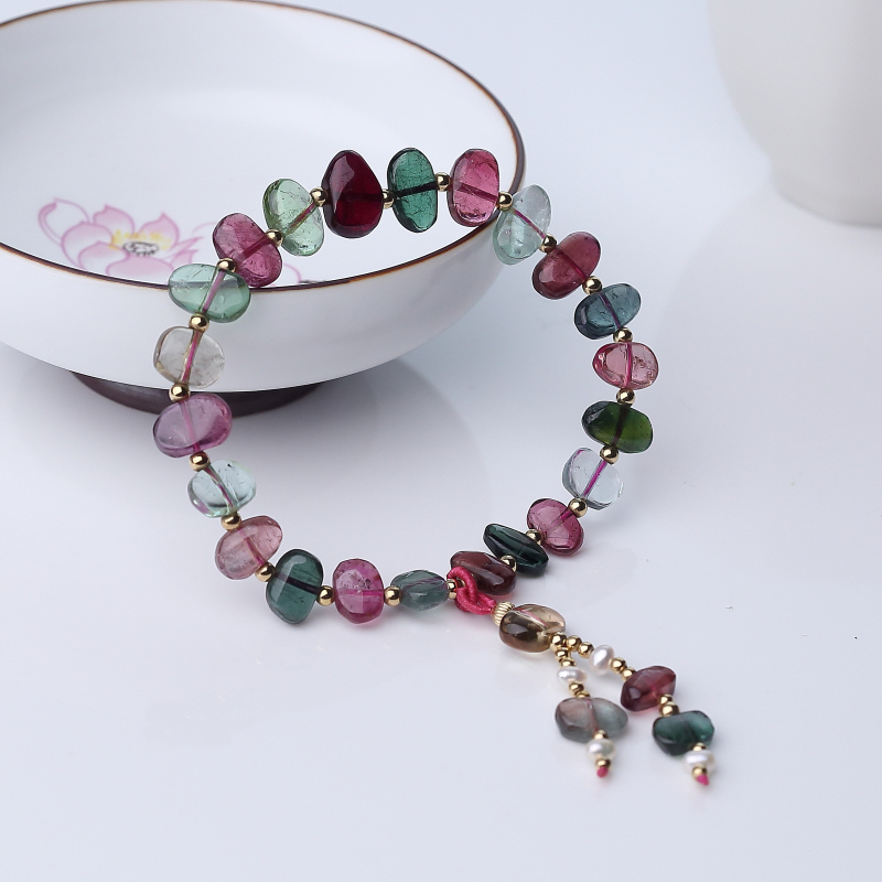 巴西多色碧玺随形手链-红掌柜
