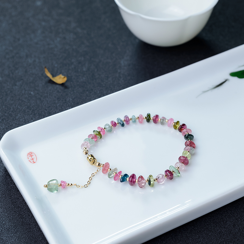 阿富汗天然多色碧玺随形手链-红掌柜