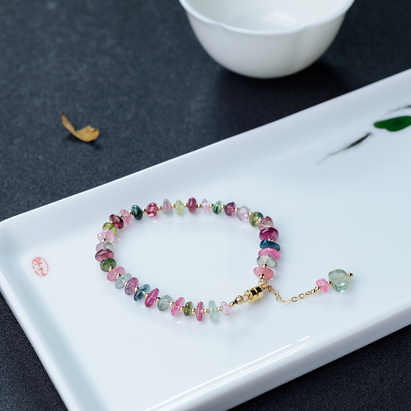 天然多色碧玺随形手链-红掌柜