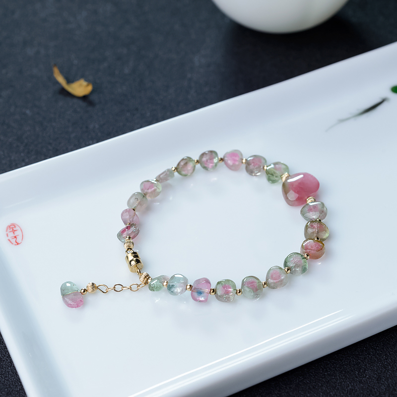 阿富汗天然西瓜碧玺随形手链-红掌柜