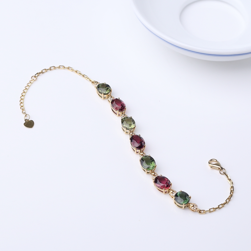 18K金镶钻巴西天然双色碧玺手链-红掌柜