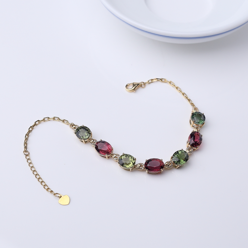 18K金镶钻天然双色碧玺手链-红掌柜