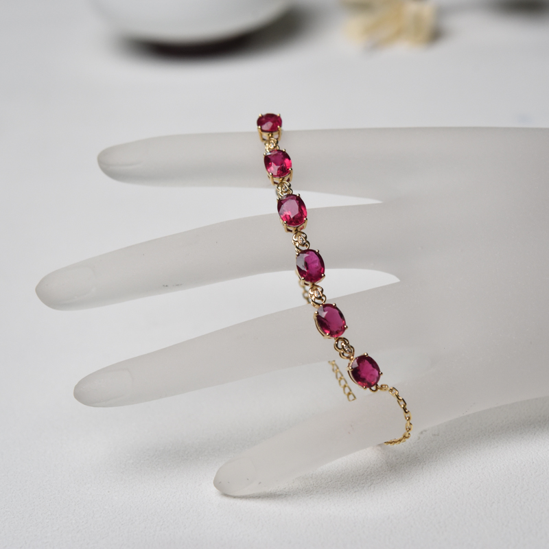 18K金镶钻巴西天然玫红碧玺手链-红掌柜