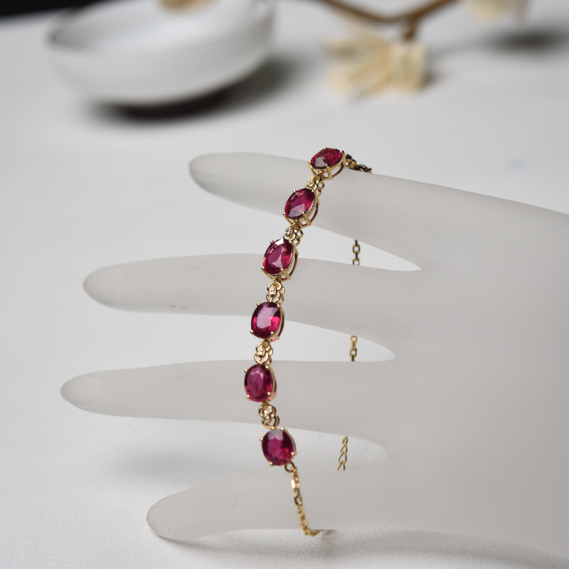 18K金镶钻天然玫红碧玺手链-红掌柜