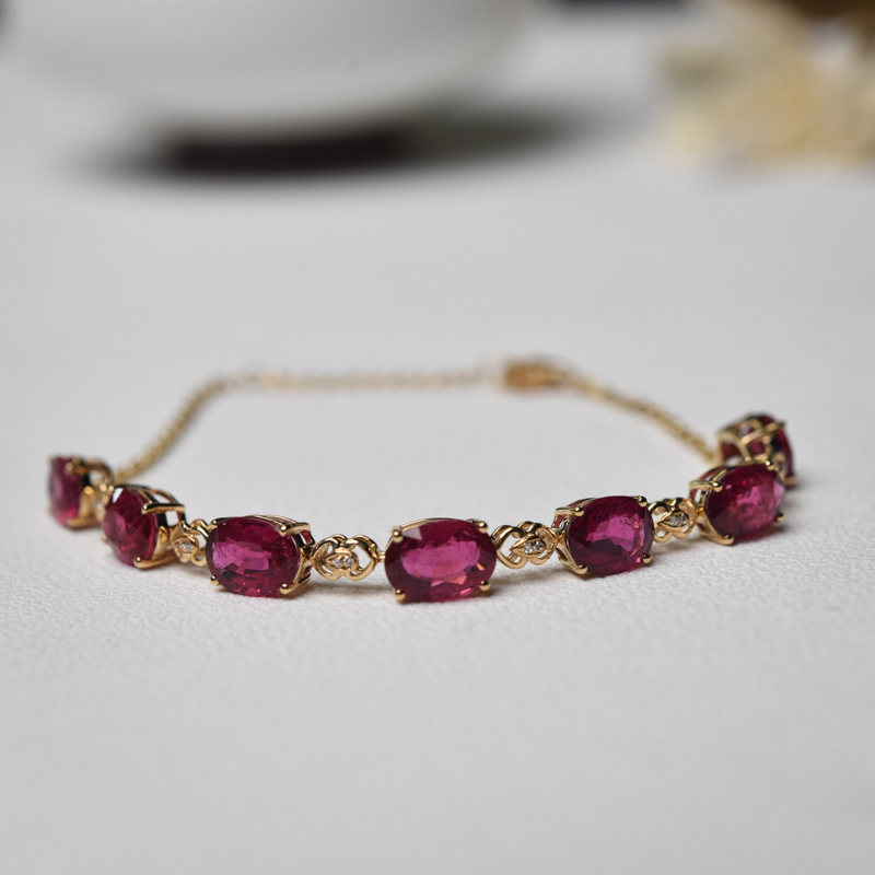 18K金镶钻巴西玫红碧玺手链-红掌柜