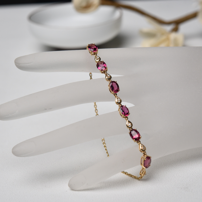 18K金镶钻巴西天然玫红碧玺手链-红掌柜