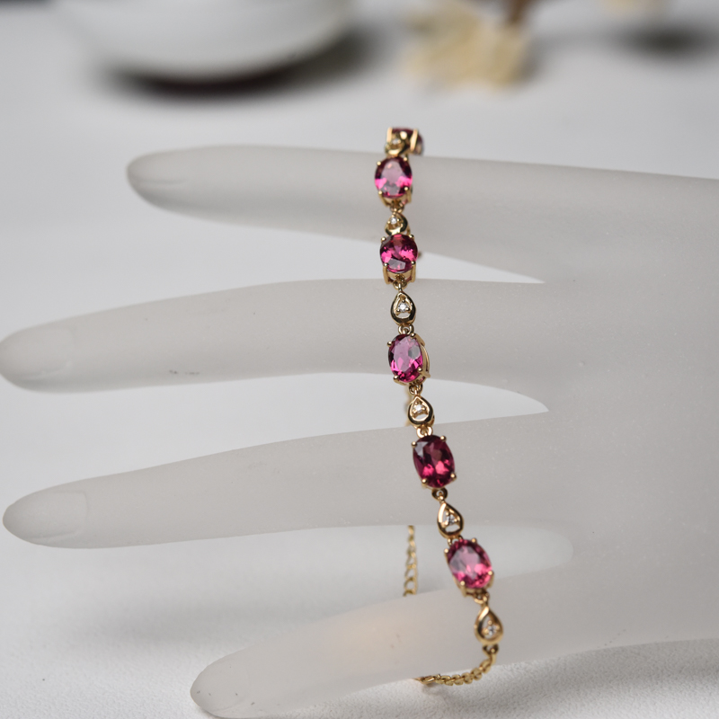 18K金镶钻天然玫红碧玺手链-红掌柜