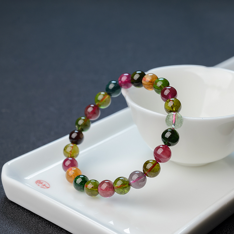 巴西天然彩虹碧玺圆珠手串 - 红掌柜