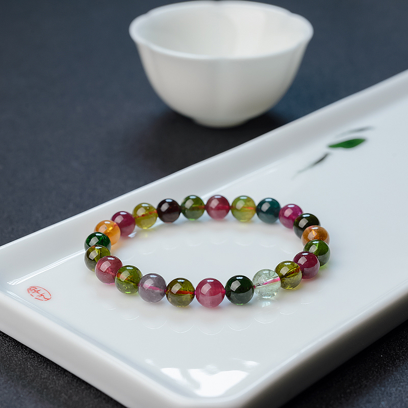 天然彩虹碧玺圆珠手串 - 红掌柜