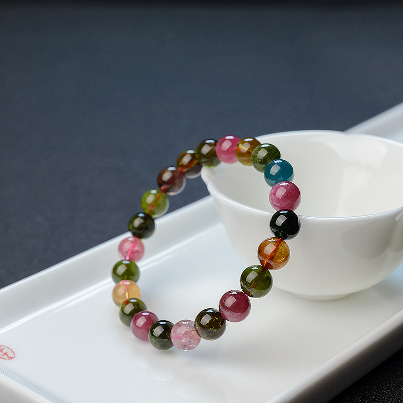 巴西天然彩虹碧玺圆珠手串 - 红掌柜