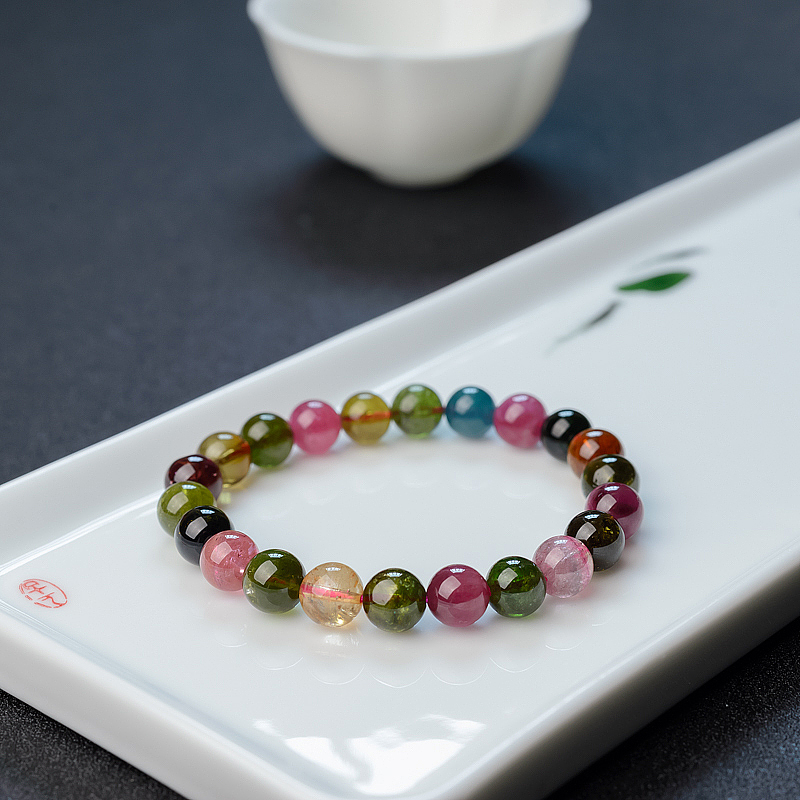 天然彩虹碧玺圆珠手串 - 红掌柜