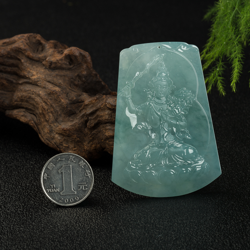 天然缅甸糯种飘花翡翠虚空藏菩萨吊坠-红掌柜