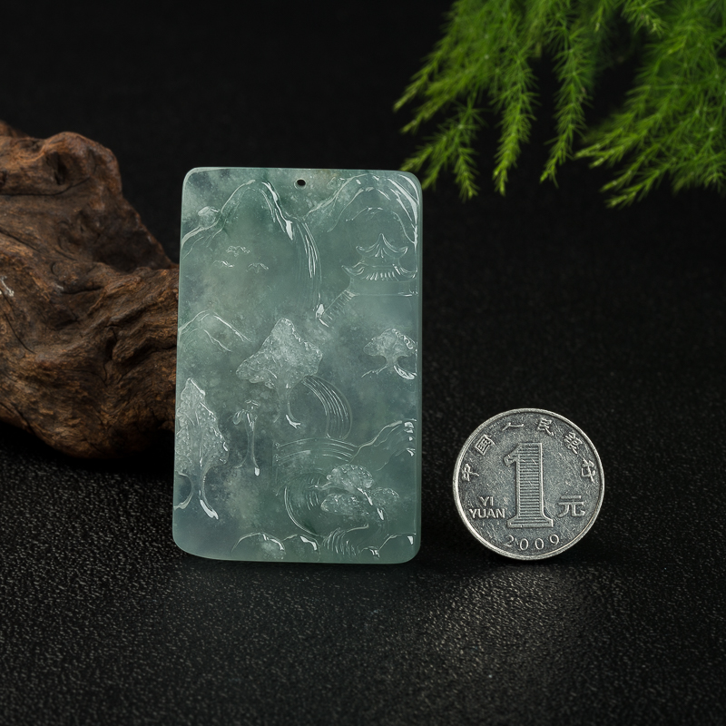 天然缅甸糯冰种飘花翡翠山水牌吊坠-红掌柜