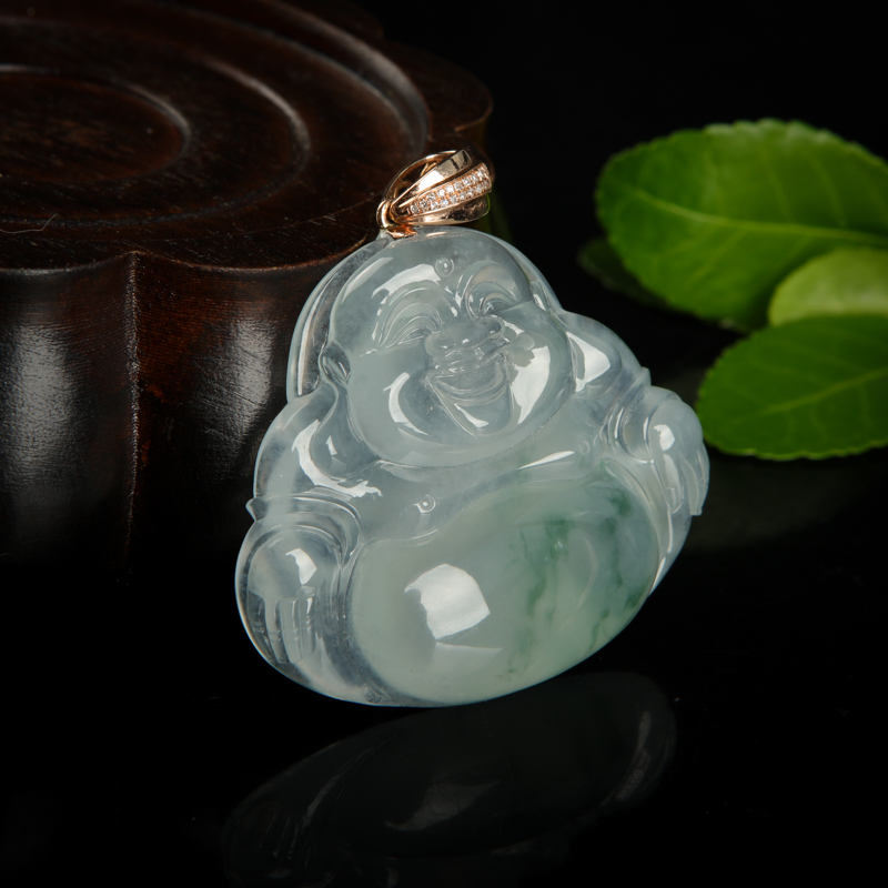 天然糯冰种飘花翡翠弥勒佛吊坠-红掌柜