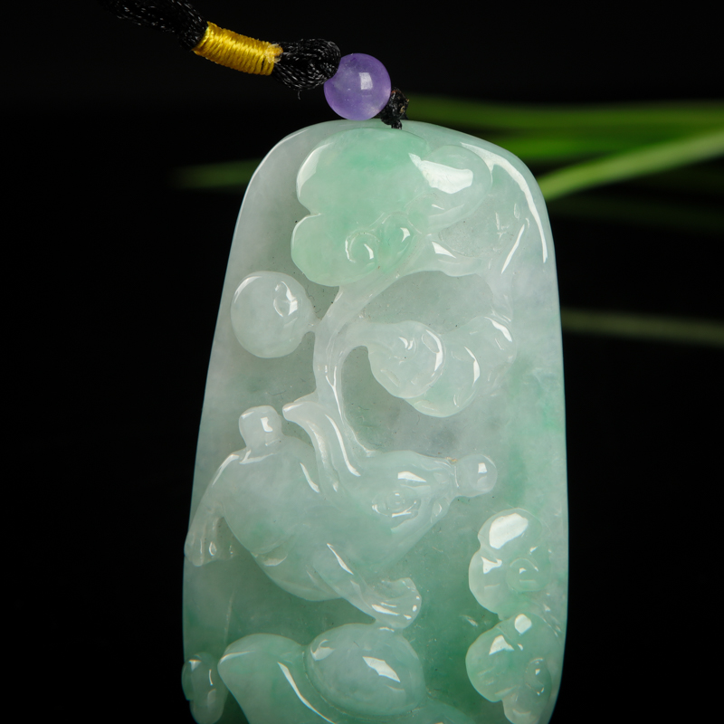 缅甸天然糯种飘翠翡翠如意寿吊坠-红掌柜
