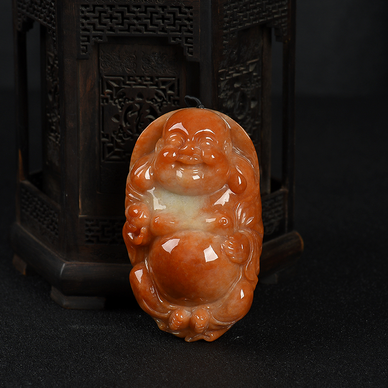 豆种红翡弥勒佛手把件-红掌柜