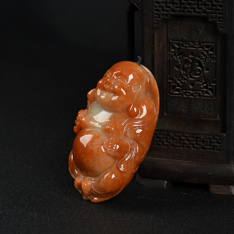 天然红翡弥勒佛手把件-红掌柜