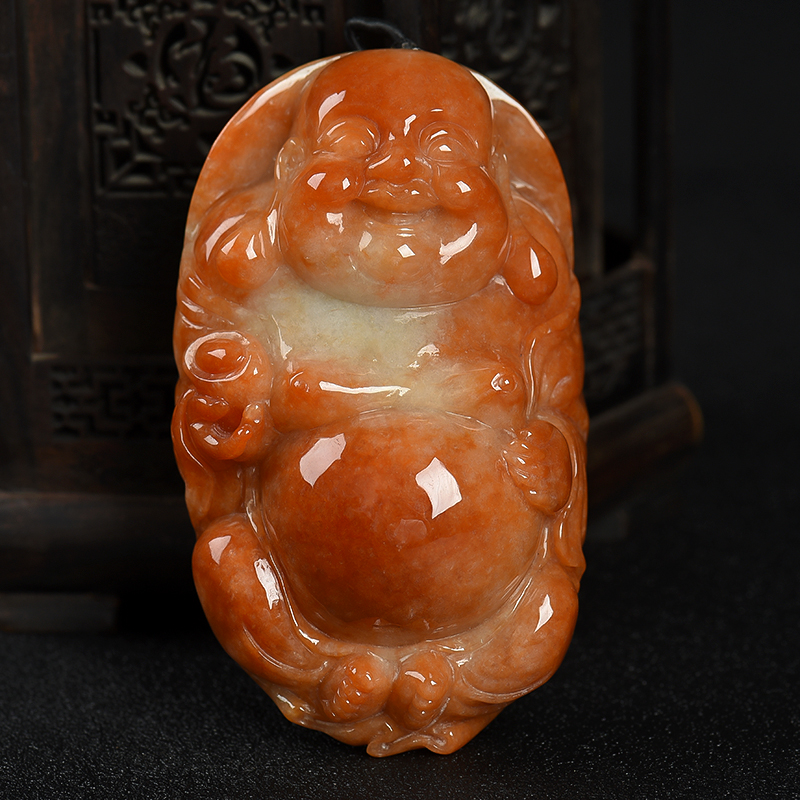 天然红翡弥勒佛手把件-红掌柜