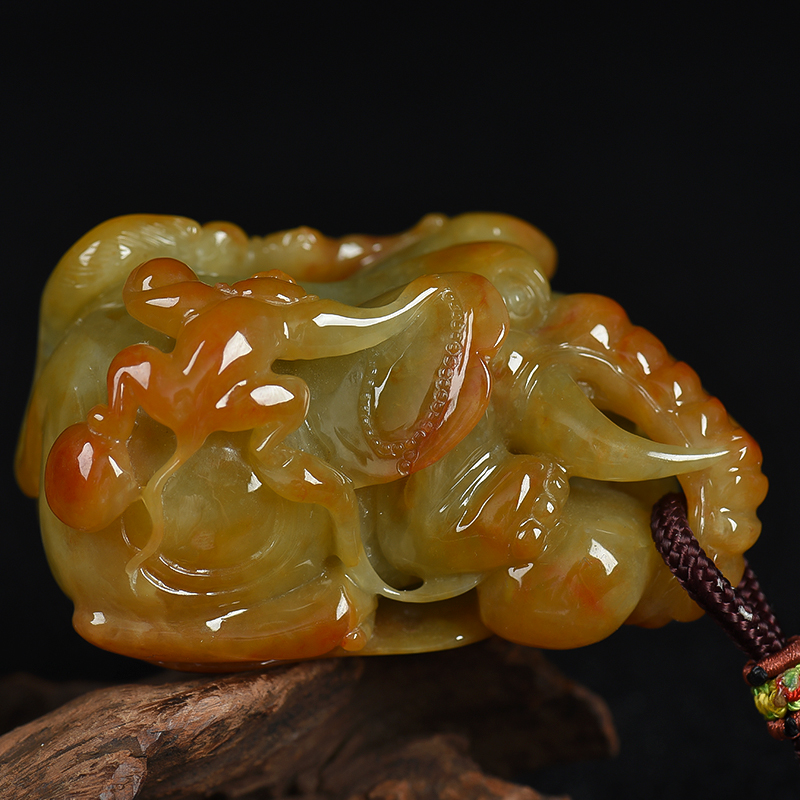 缅甸黄翡封侯拜相手把件-红掌柜