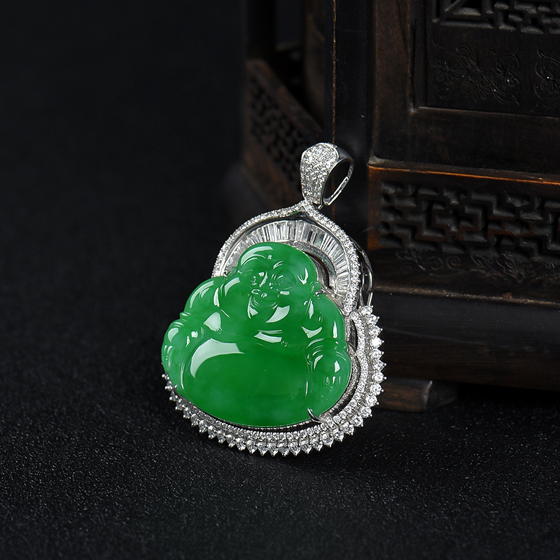 缅甸糯种翠绿翡翠弥勒佛吊坠-红掌柜