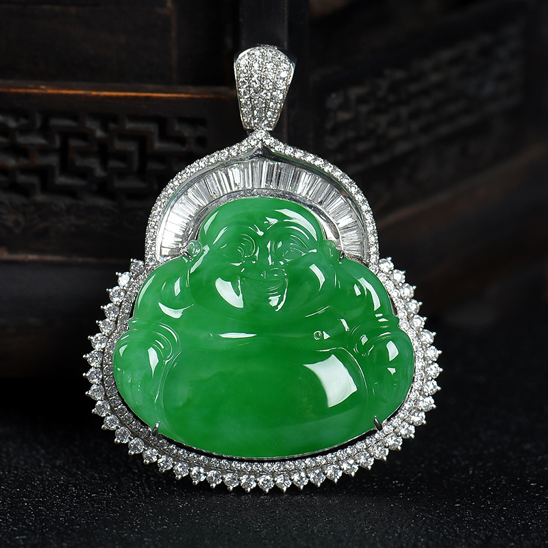 缅甸天然糯种翠绿翡翠吊坠-红掌柜