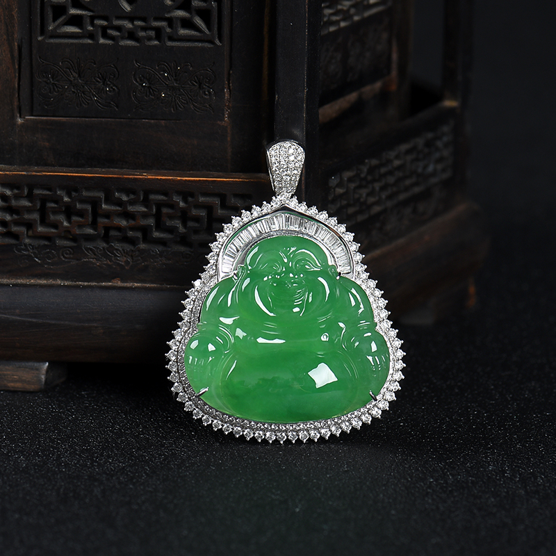 缅甸天然糯冰种苹果绿翡翠弥勒佛吊坠-红掌柜