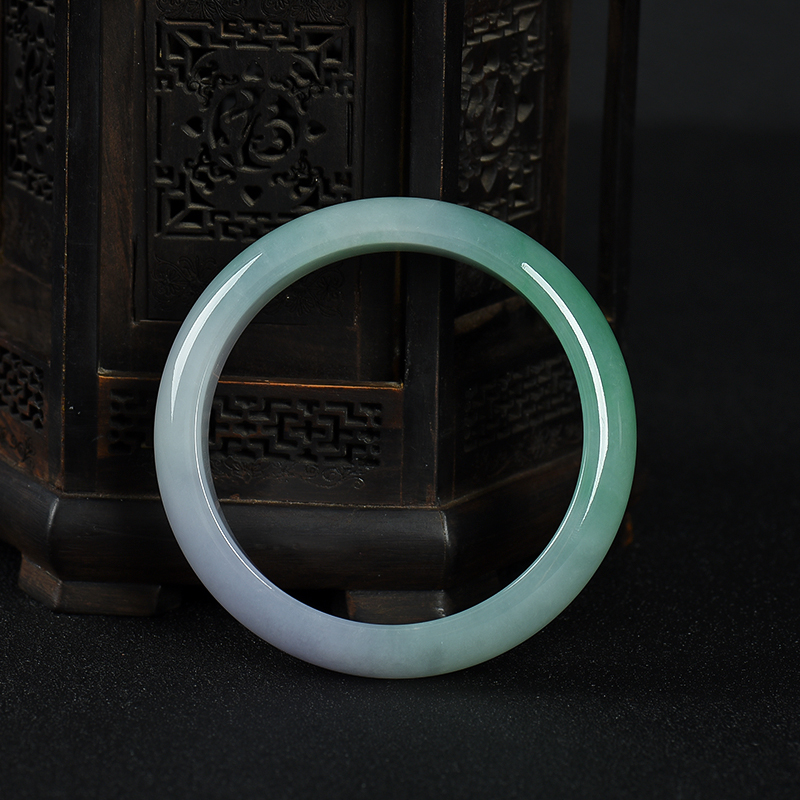 缅甸天然糯种春带彩翡翠手镯-红掌柜