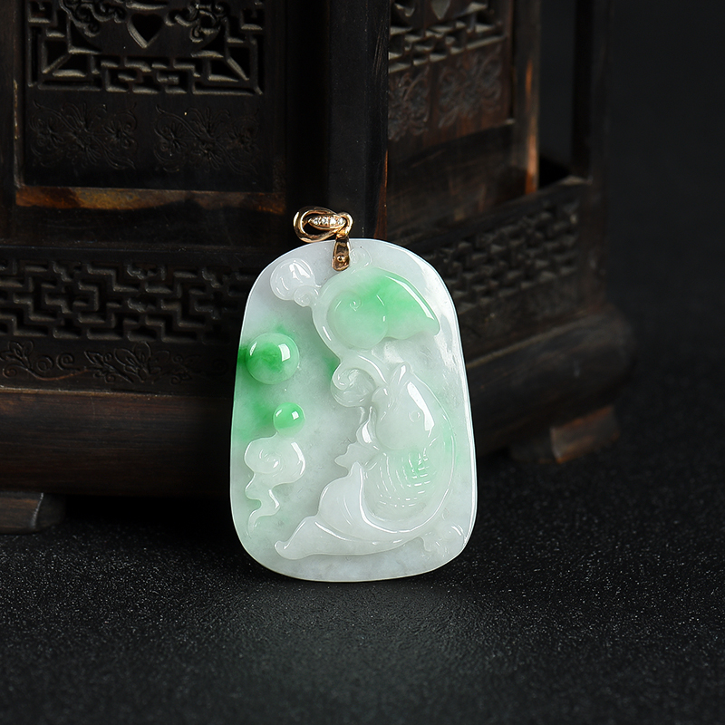 18K糯种飘翠翡翠年年有余吊坠-红掌柜