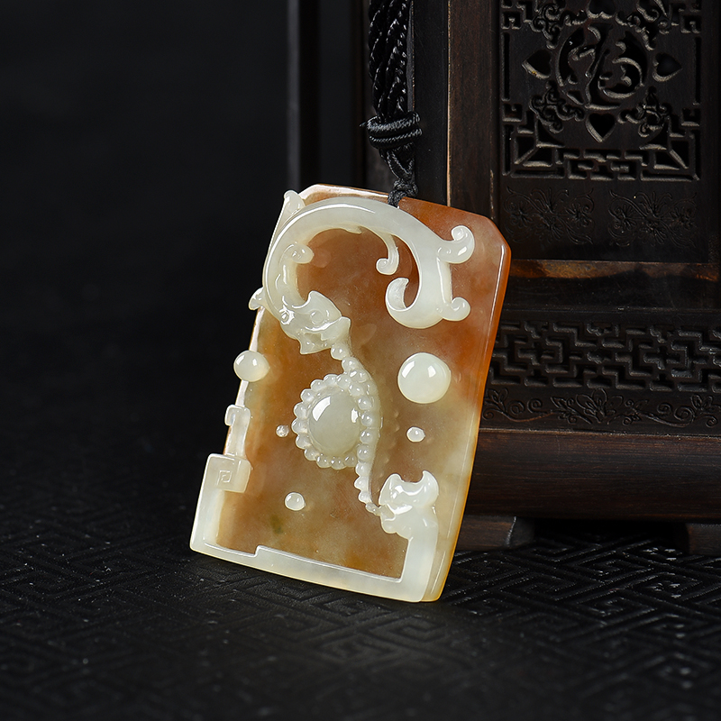 缅甸糯种俏色翡翠双龙戏珠吊坠-红掌柜