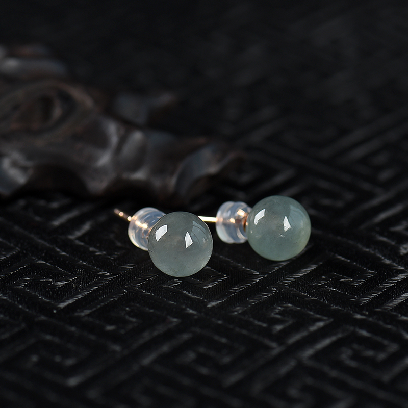 天然糯冰种灰绿翡翠耳钉-红掌柜