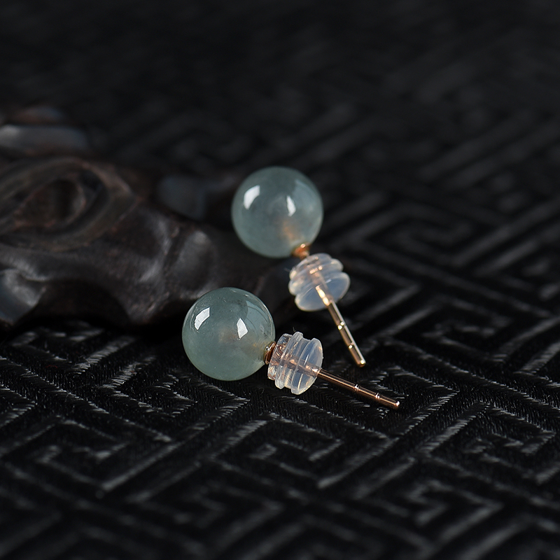 缅甸糯冰种灰绿翡翠耳钉-红掌柜