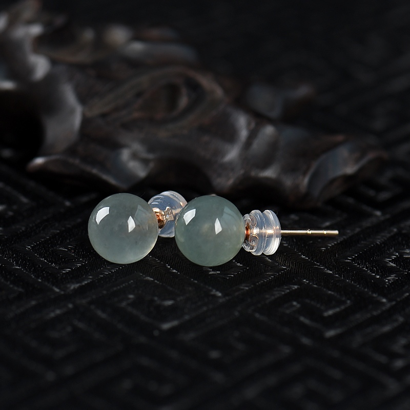 缅甸天然灰绿翡翠耳钉-红掌柜