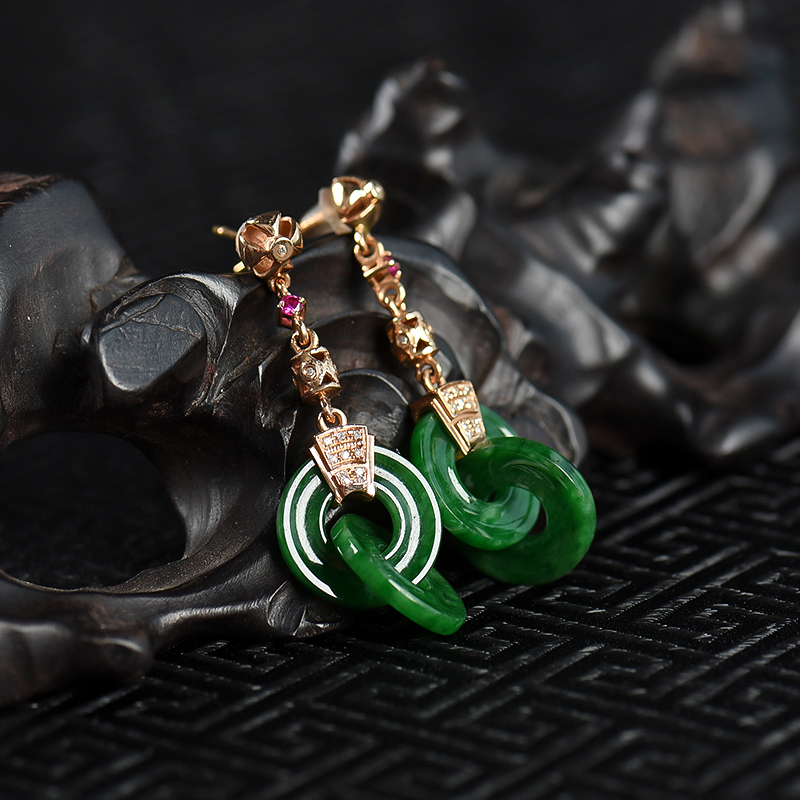 18K暗绿翡翠耳坠-红掌柜