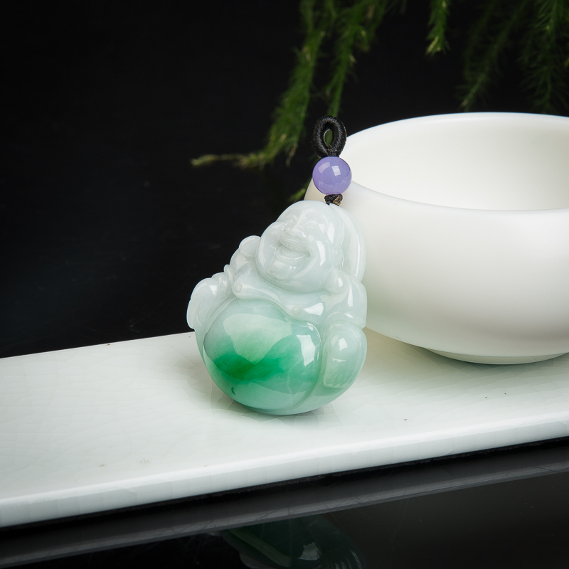 豆种翡翠弥勒佛吊坠-红掌柜