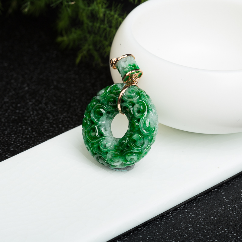 18k天然缅甸豆种翡翠平安扣吊坠-红掌柜