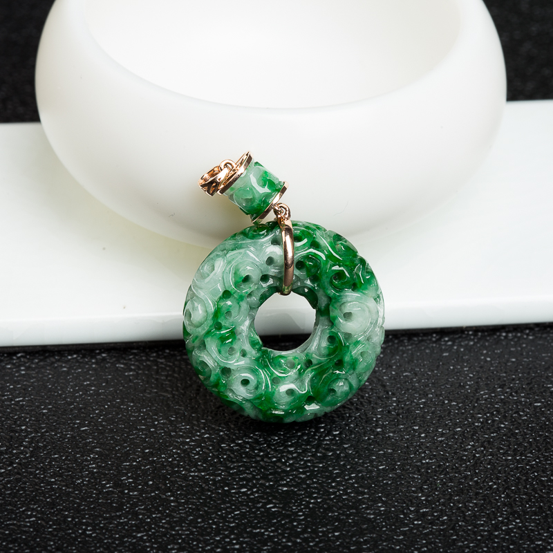 18k天然缅甸飘翠翡翠平安扣吊坠-红掌柜