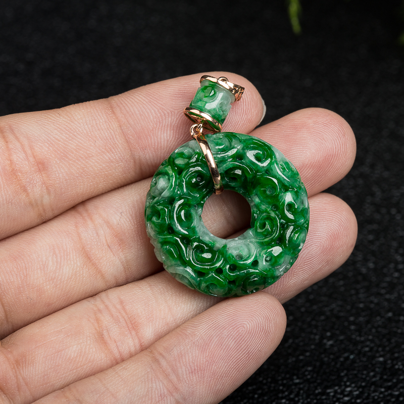 天然缅甸豆种飘翠翡翠平安扣吊坠-红掌柜