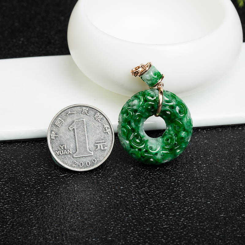 18k天然缅甸豆种飘翠翡翠平安扣吊坠-红掌柜