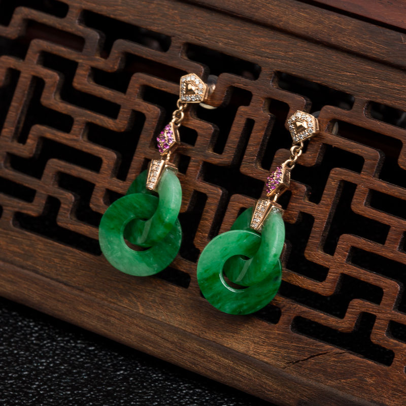 18k天然缅甸糯种翡翠平安扣耳坠-红掌柜